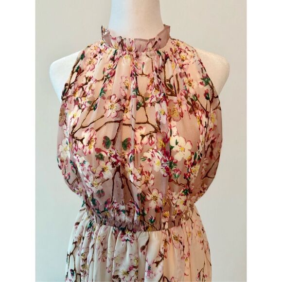 New Chiffon Elegant Floral Print Sleeveless Ruffle Beach Double Split Maxi Dress - Picture 3 of 9